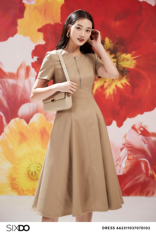 Sixdo Yellowish Brown Midi Woven Dress